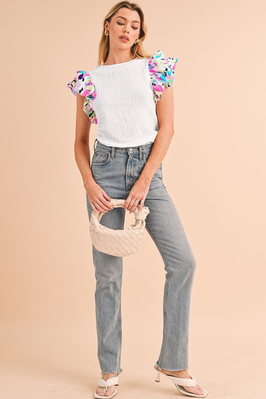 Voluminous Printed Puff Sleeve Textured Top