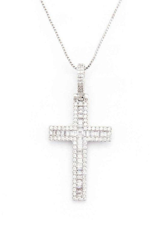 Cross Baguette CZ Pendant Necklace